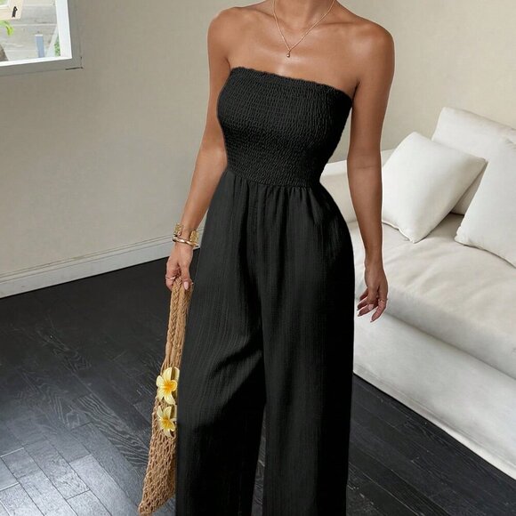 Black Casual Women's Shirred Tube Jumpsuit - Picture 7 of 7